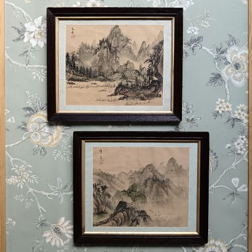 Pair of Signed Chinese Shan Shui Silk Paintings in Original Frames
