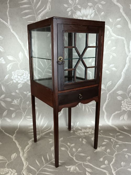 fig 2. A Georgian mahogany vitrine cabinet featuring glazed side panels, a single lower drawer, straight tapered legs, and a glazed front door with geometric astragal glazing bars.