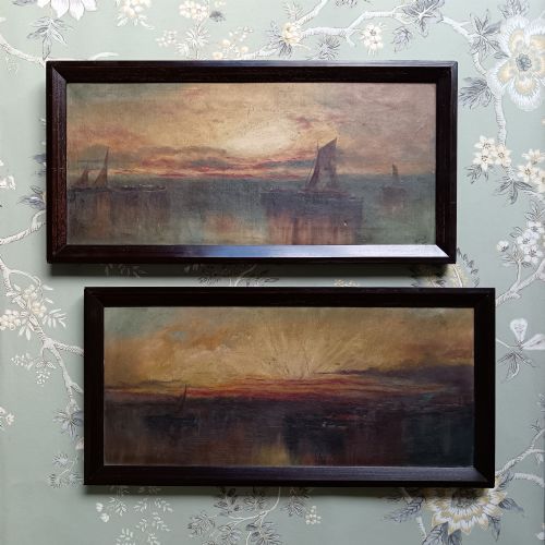 Pair of Antique Edwardian Marine Oil Paintings — Sunrise & Sunset, Signed B. Nash, 1904