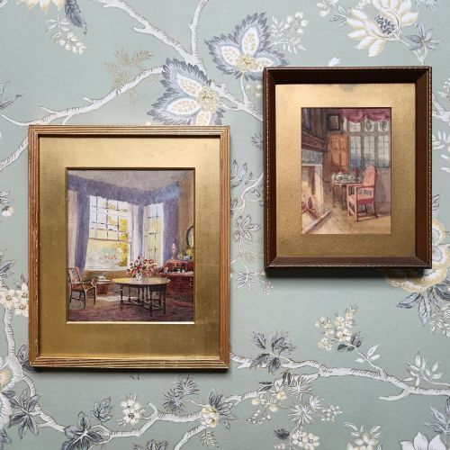Pair of Edwardian English School Interior Watercolors