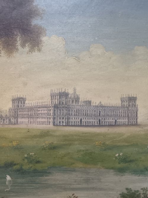 fig 1. An early nineteenth-century gouache landscape painting depicting a grand palace behind a body of water with swans, presented in a light cream wood frame.