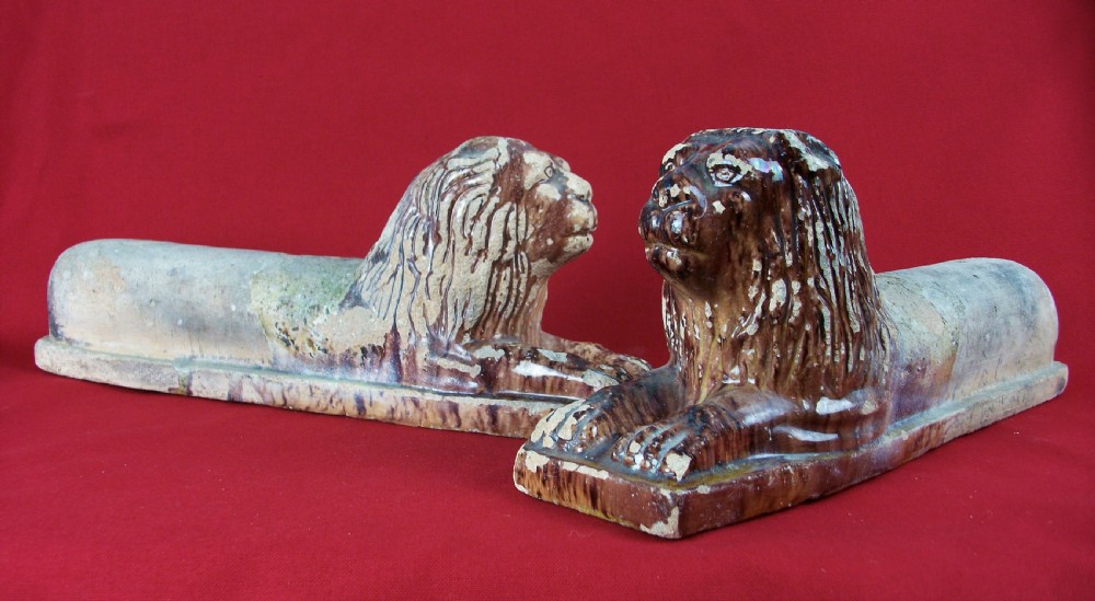 Pair of Antique Italian Terracotta Lion Firedogs