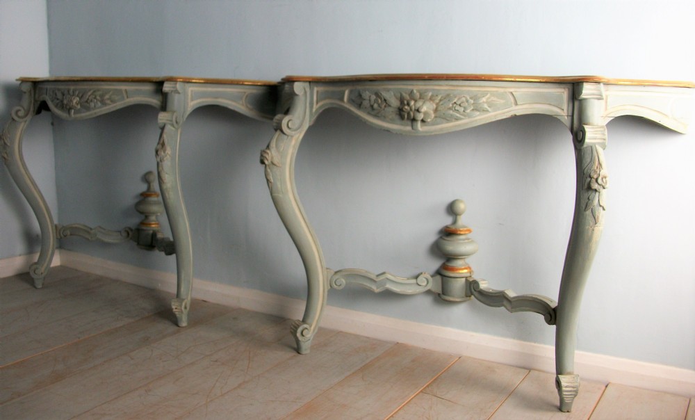 Pair of Painted and Gilded Italian Console Tables