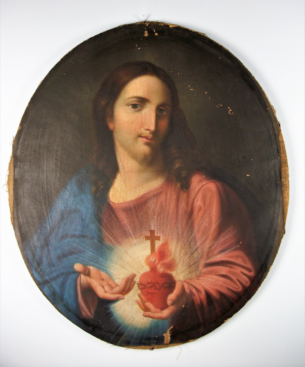 Oil on Canvas Religious Italian Painting of the Sacred Heart of Jesus View II