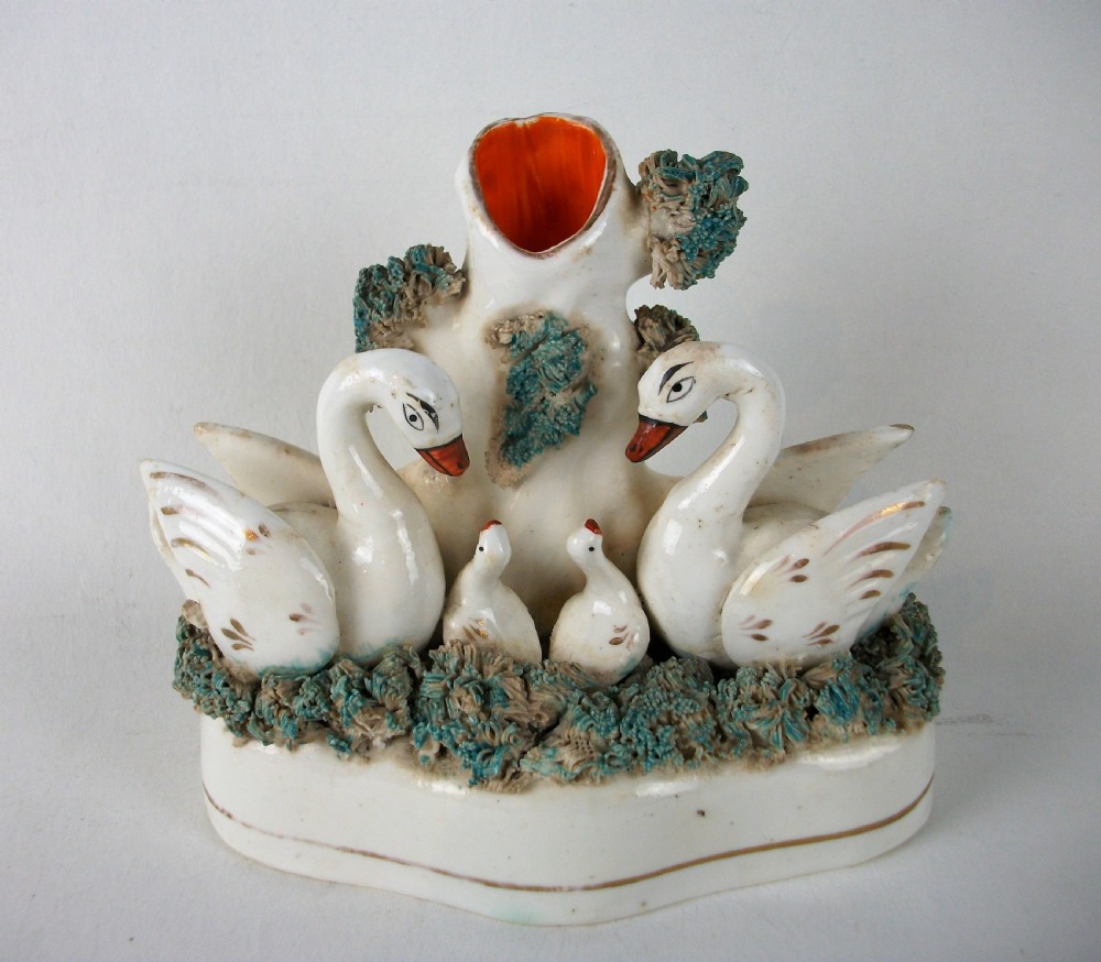 Antique Staffordshire Swans and Cygnets Spill Vase Tulip Holder  View II