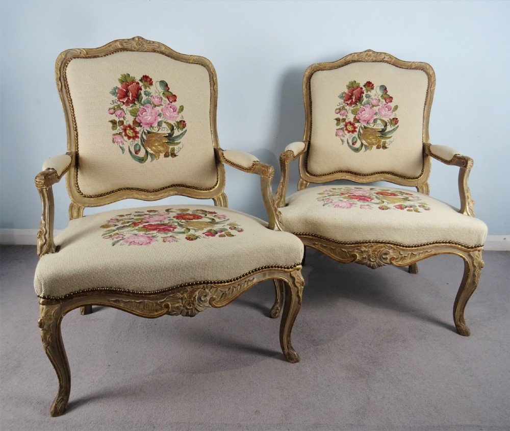 A Fine Pair of Painted & Gilt French Armchairs  Fauteuil