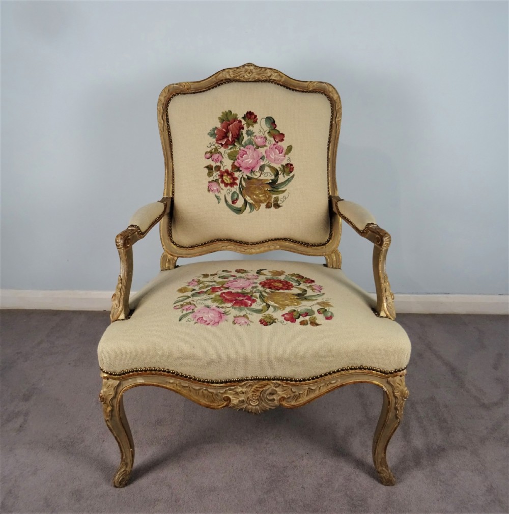 A Fine Pair of Painted & Gilt French Armchairs  Fauteuil View II