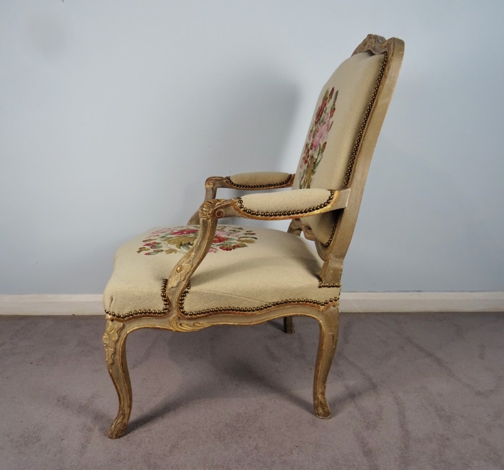 A Fine Pair of Painted & Gilt French Armchairs  Fauteuil View V