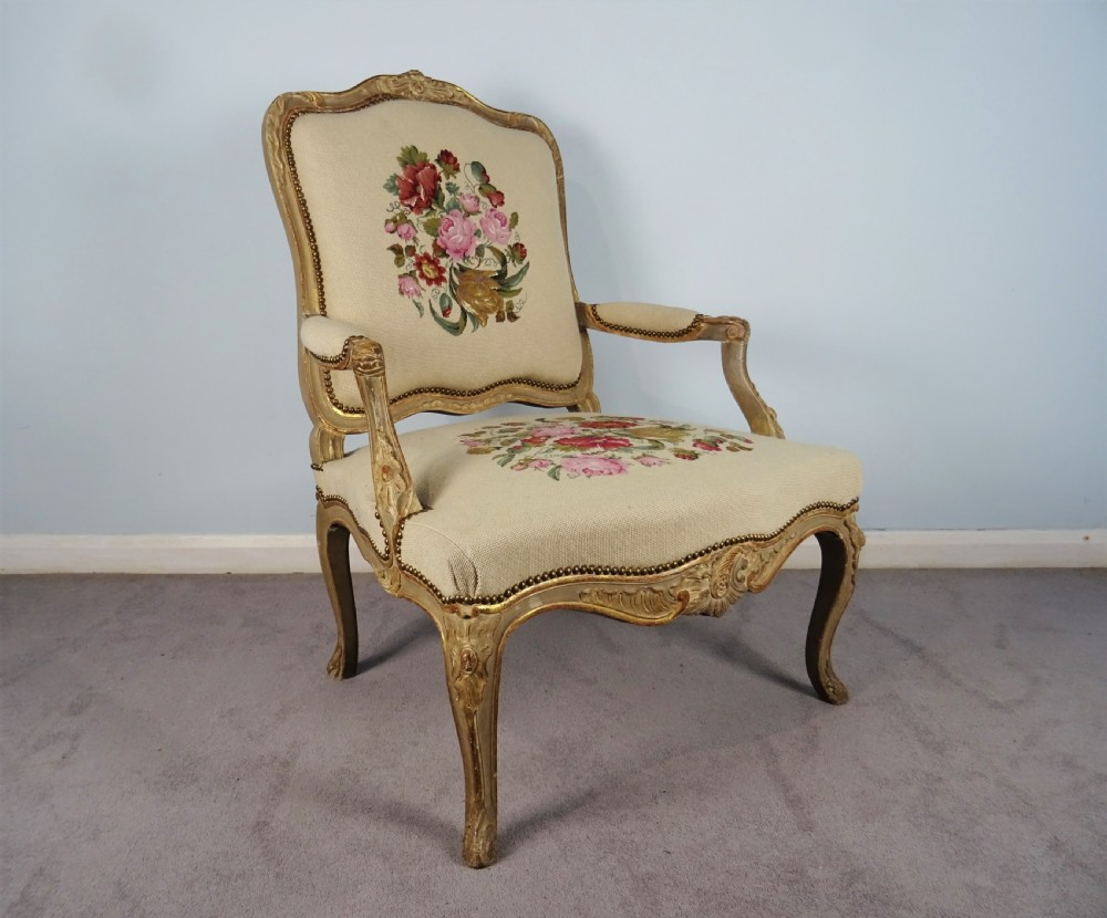 A Fine Pair of Painted & Gilt French Armchairs  Fauteuil View VI
