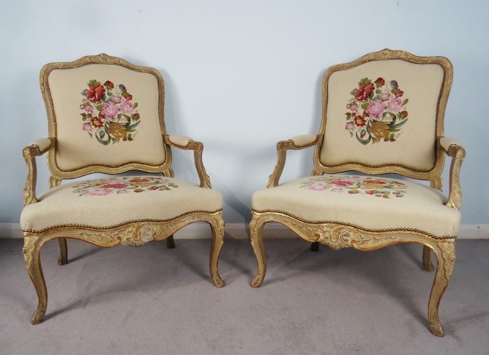 A Fine Pair of Painted & Gilt French Armchairs  Fauteuil View IX