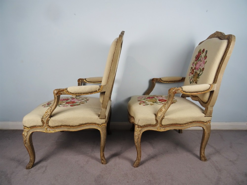 A Fine Pair of Painted & Gilt French Armchairs  Fauteuil View X