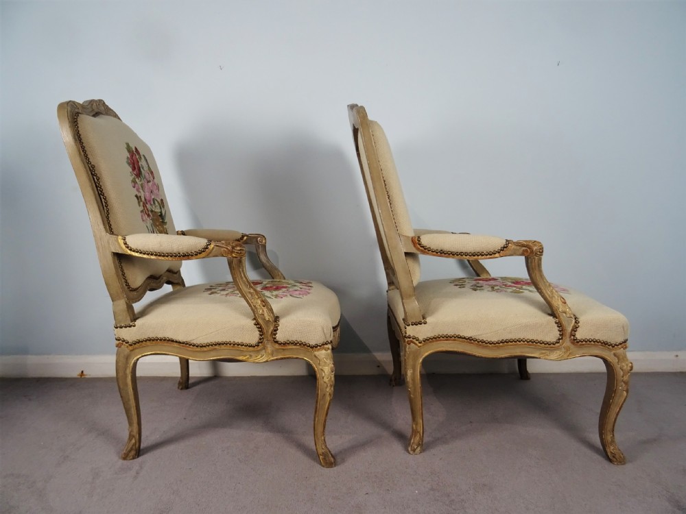 A Fine Pair of Painted & Gilt French Armchairs  Fauteuil View XI