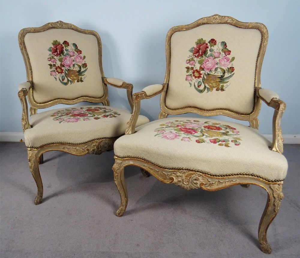 A Fine Pair of Painted & Gilt French Armchairs  Fauteuil View XIII