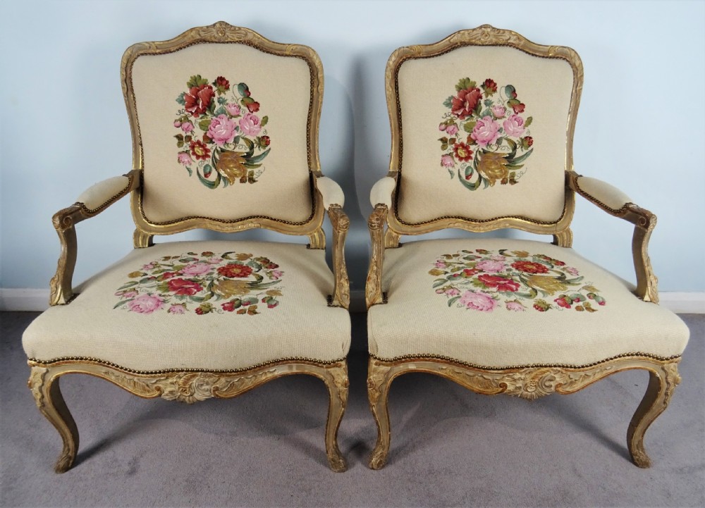 A Fine Pair of Painted & Gilt French Armchairs  Fauteuil View XIV