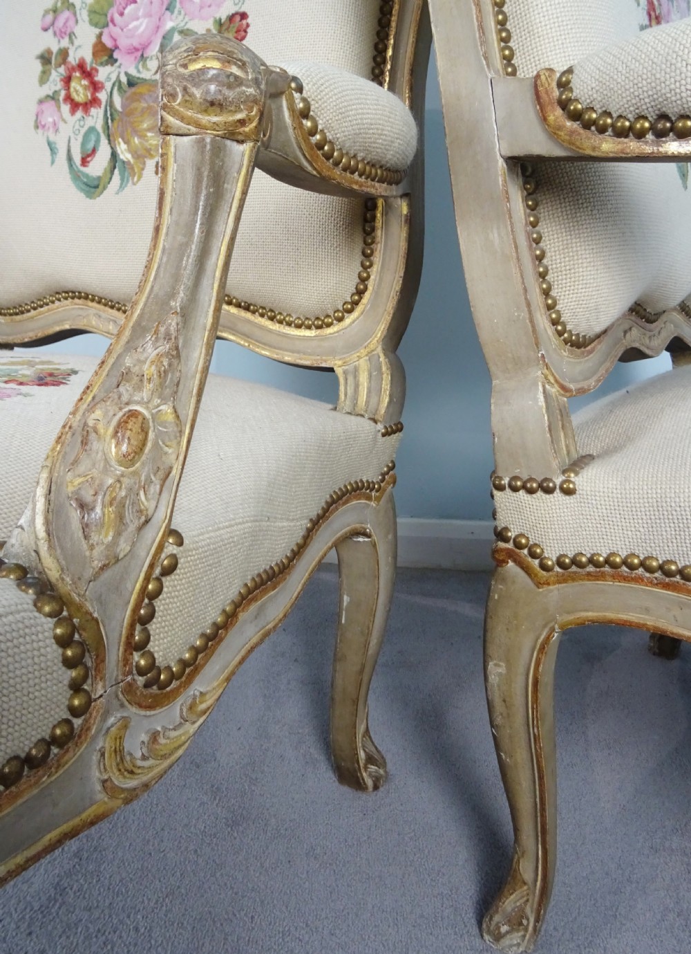 A Fine Pair of Painted & Gilt French Armchairs  Fauteuil View XVI