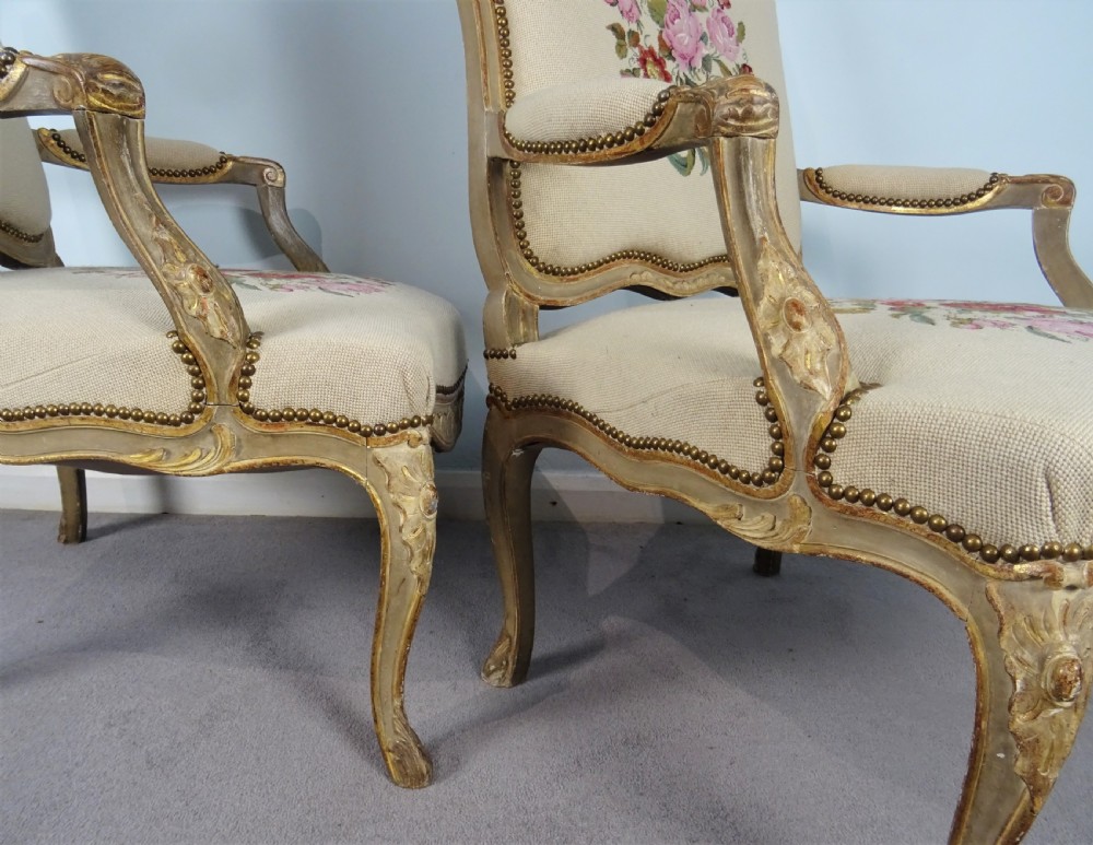 A Fine Pair of Painted & Gilt French Armchairs  Fauteuil View XVII
