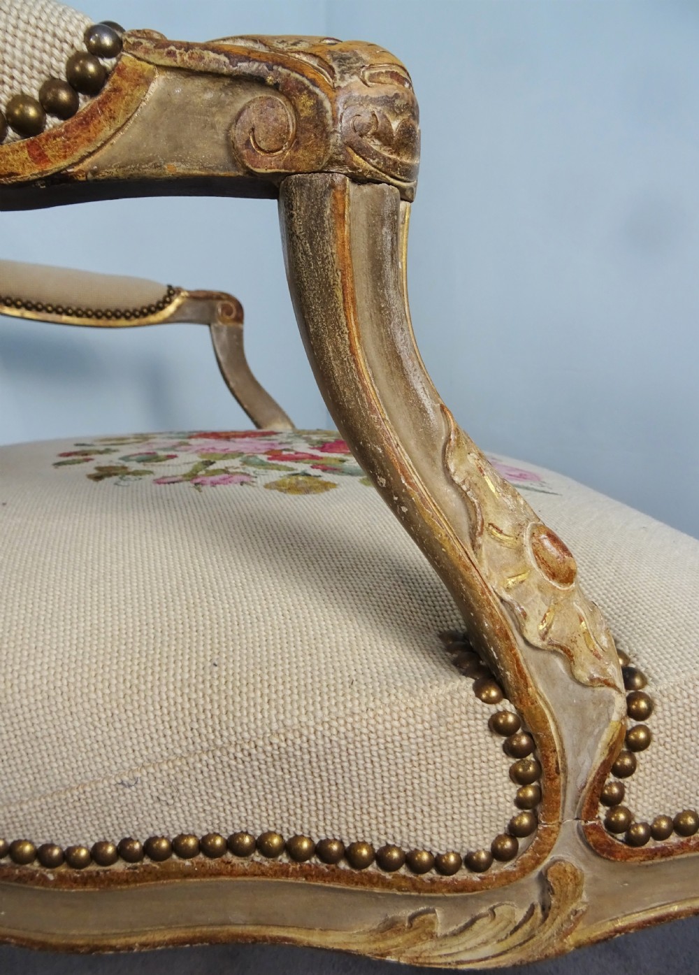 A Fine Pair of Painted & Gilt French Armchairs  Fauteuil View XVIII
