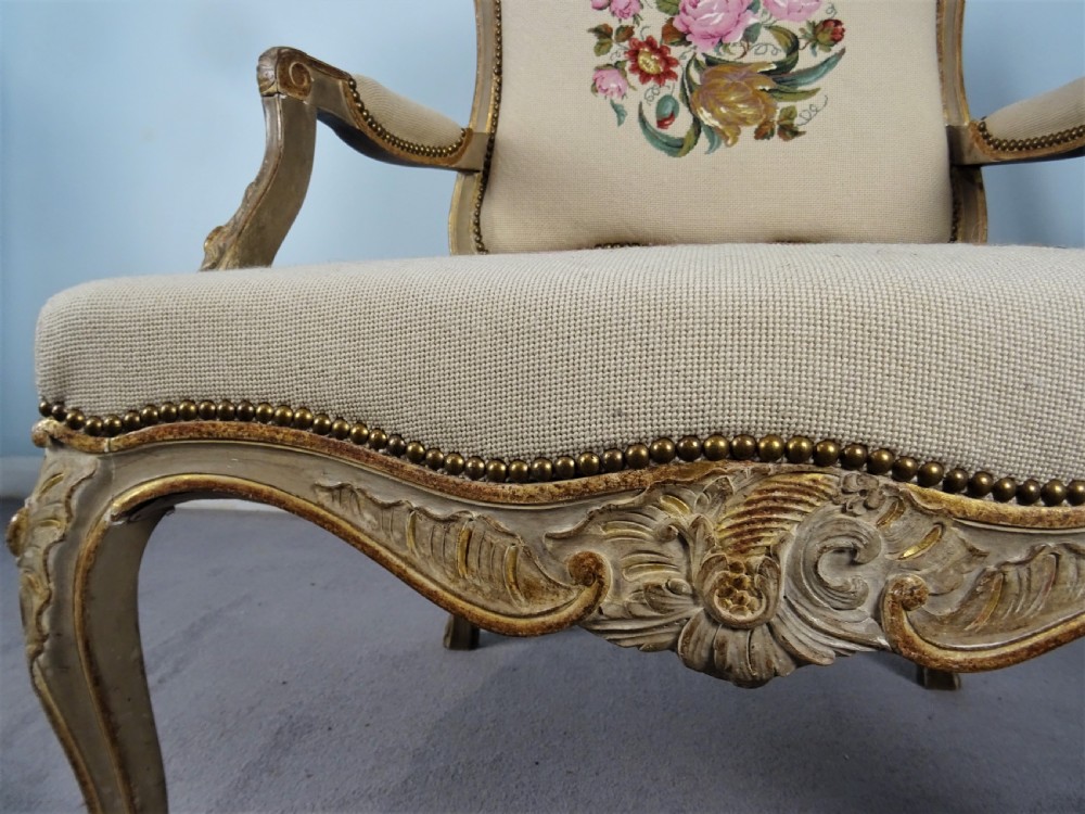 A Fine Pair of Painted & Gilt French Armchairs  Fauteuil View XIX