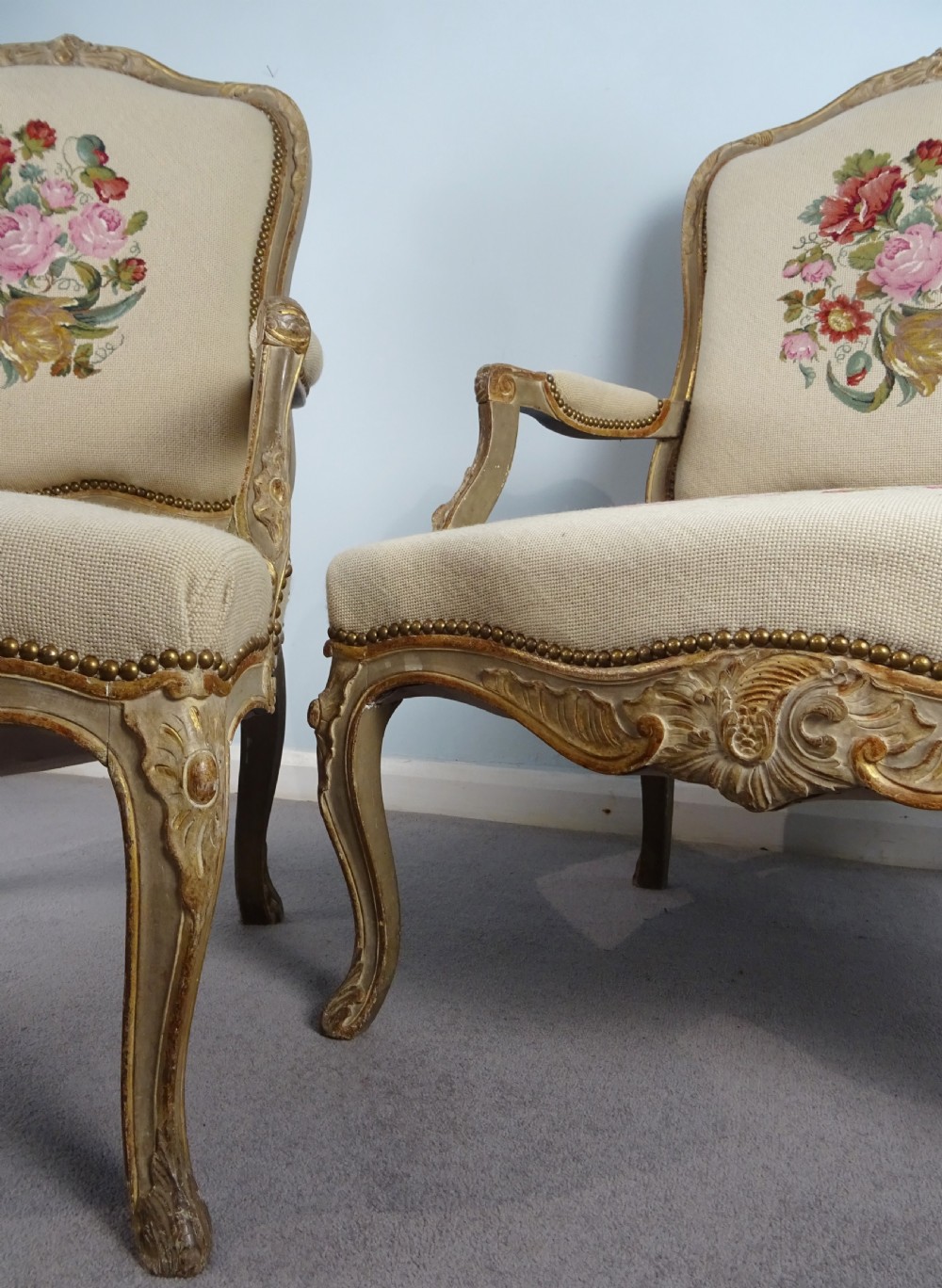 A Fine Pair of Painted & Gilt French Armchairs  Fauteuil View XXII
