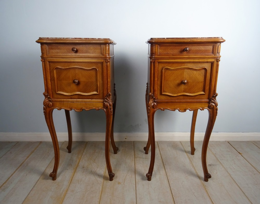 Pair of French Walnut and Marble Bedside Cupboards