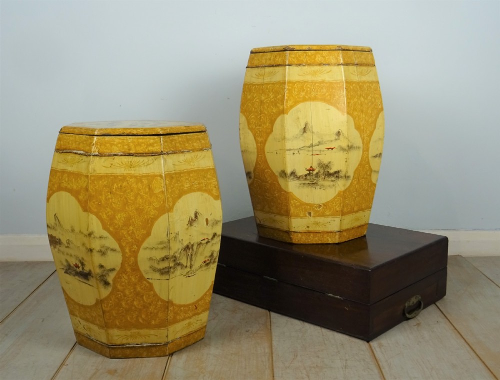 Antique Chinese Painted Barrel Seats View II