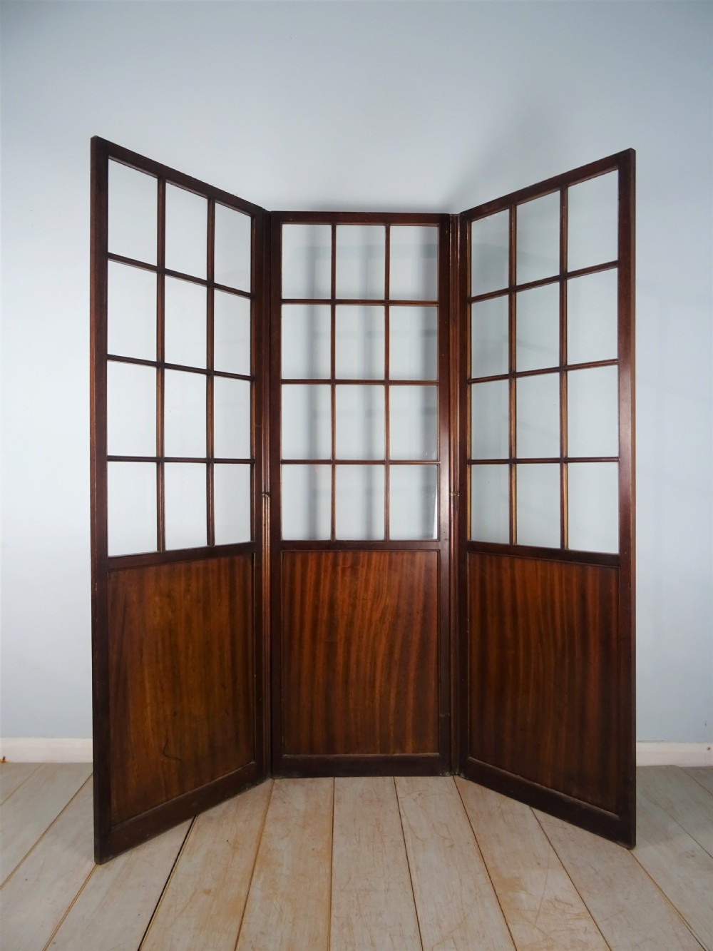 Superb Three Panel Folding Mahogany and Glass Screen Room Divider