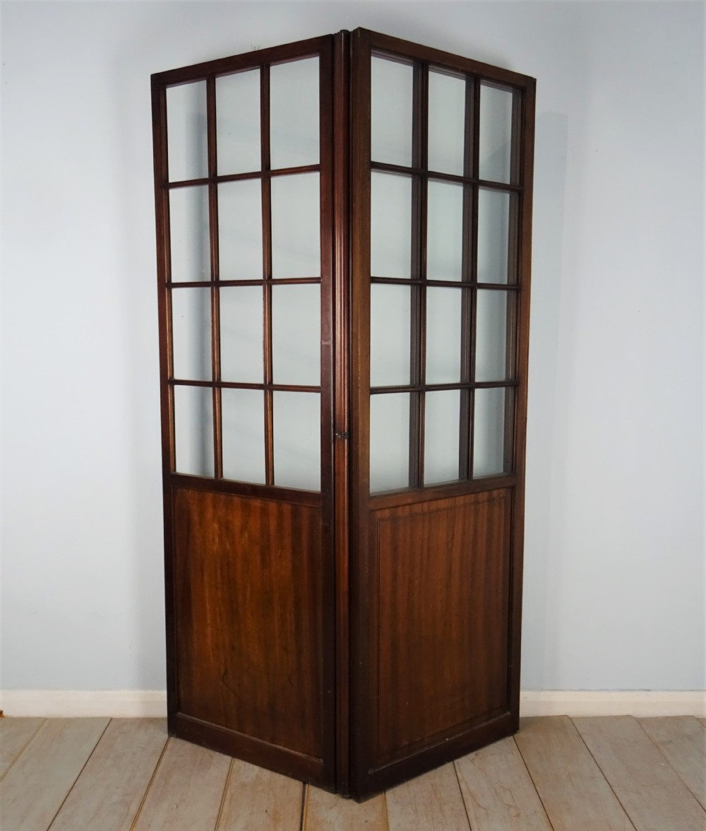 Superb Three Panel Folding Mahogany and Glass Screen Room Divider View VIII