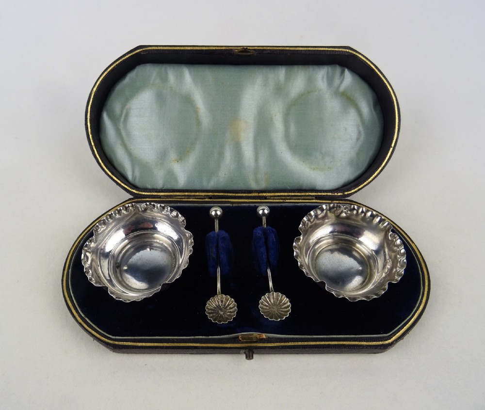 Cased Pair of Victorian Silver Salts and spoons View IV