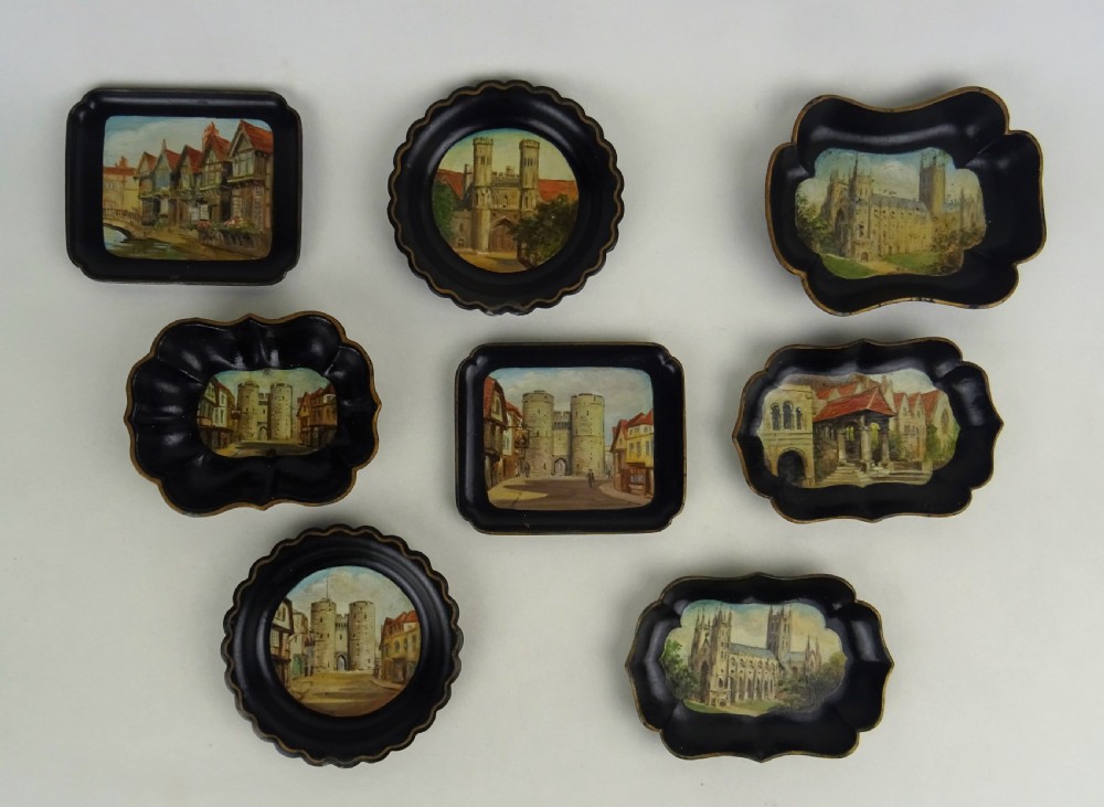 Set of Eight Papier Mache Gaming Token Trays Showing Wonderful Hand Painted Scenes Of Canterbury, Kent, England.