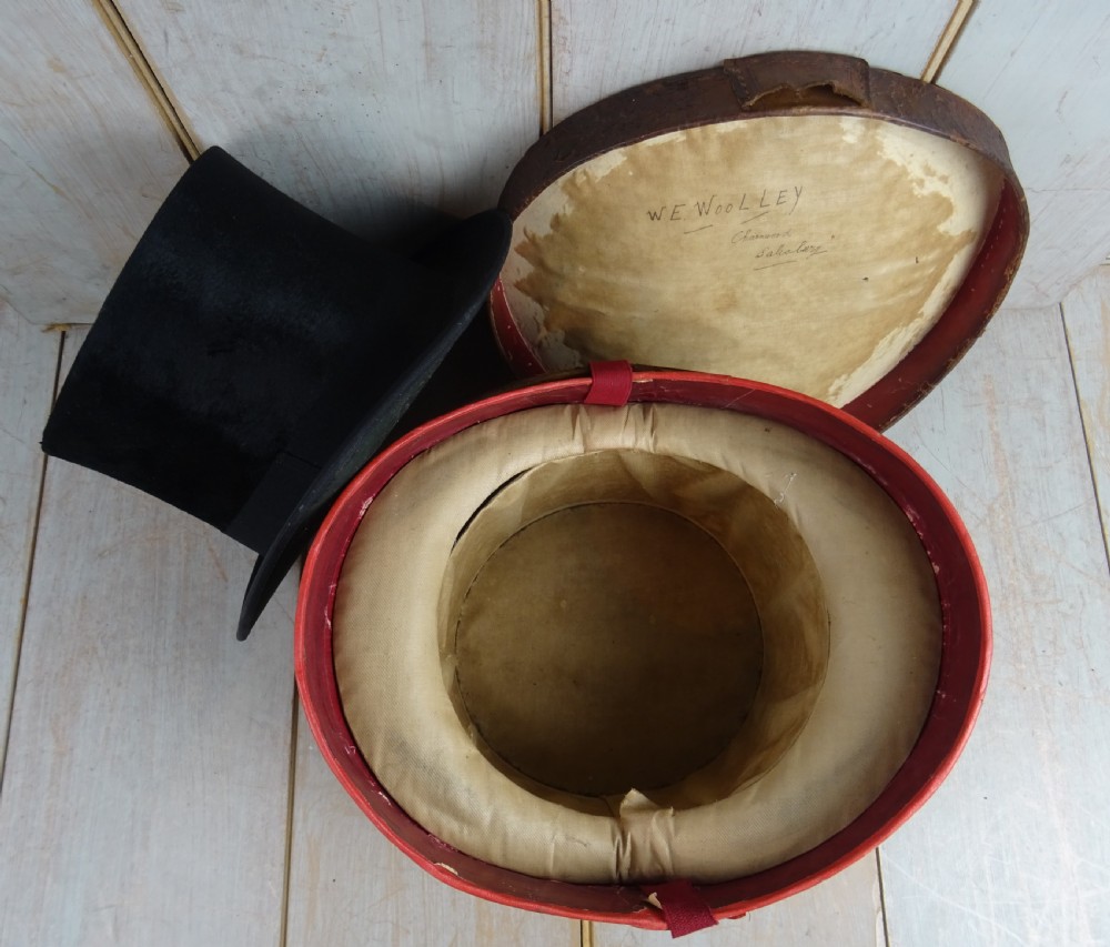 Antique Leather Hat Box with Silk Top Hat by Cuthbertson of London