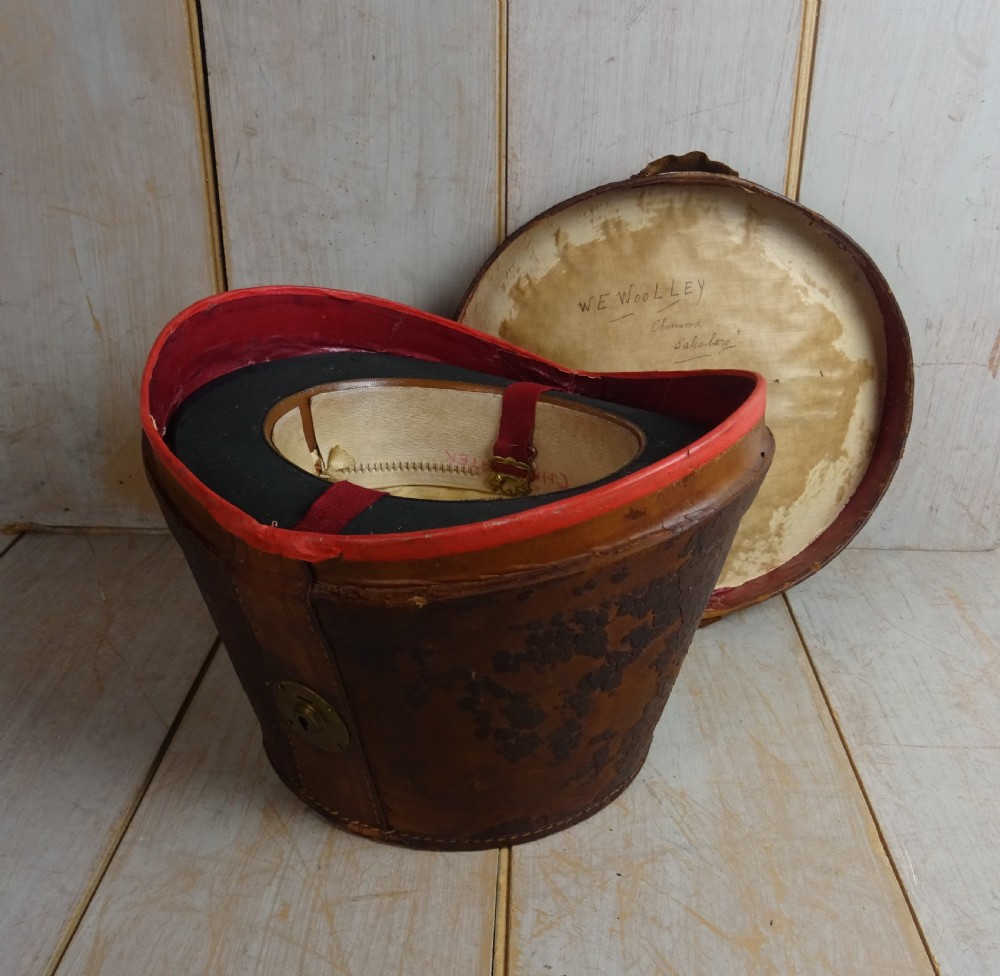 Antique Leather Hat Box with Silk Top Hat by Cuthbertson of London View VIII