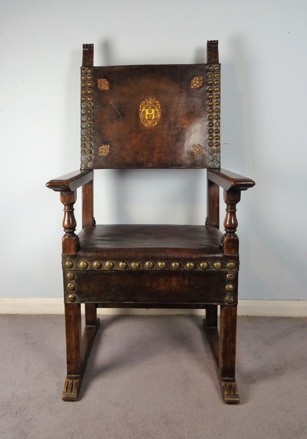 Italian Walnut and Leather Throne Armchair