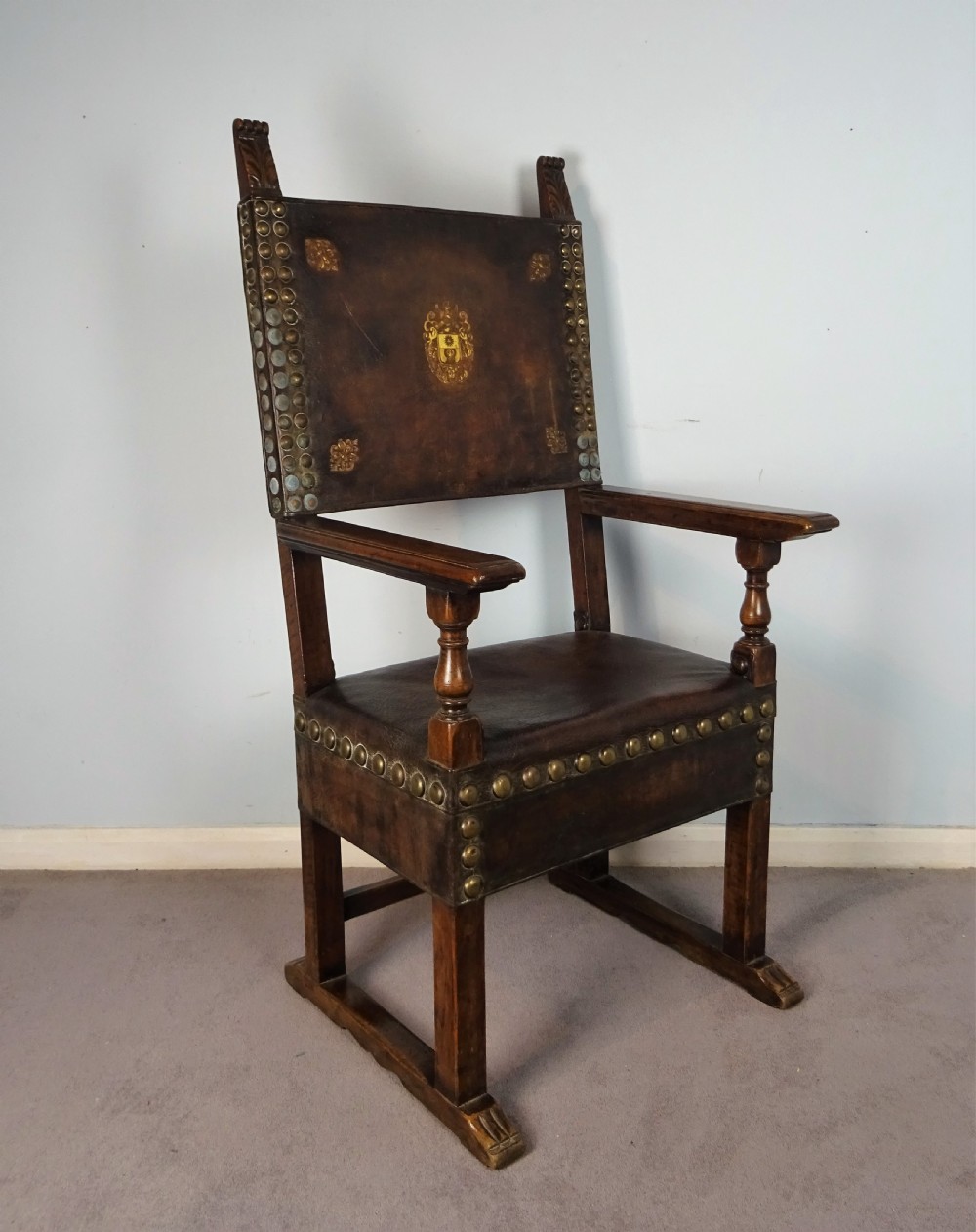 Italian Walnut and Leather Throne Armchair View VIII