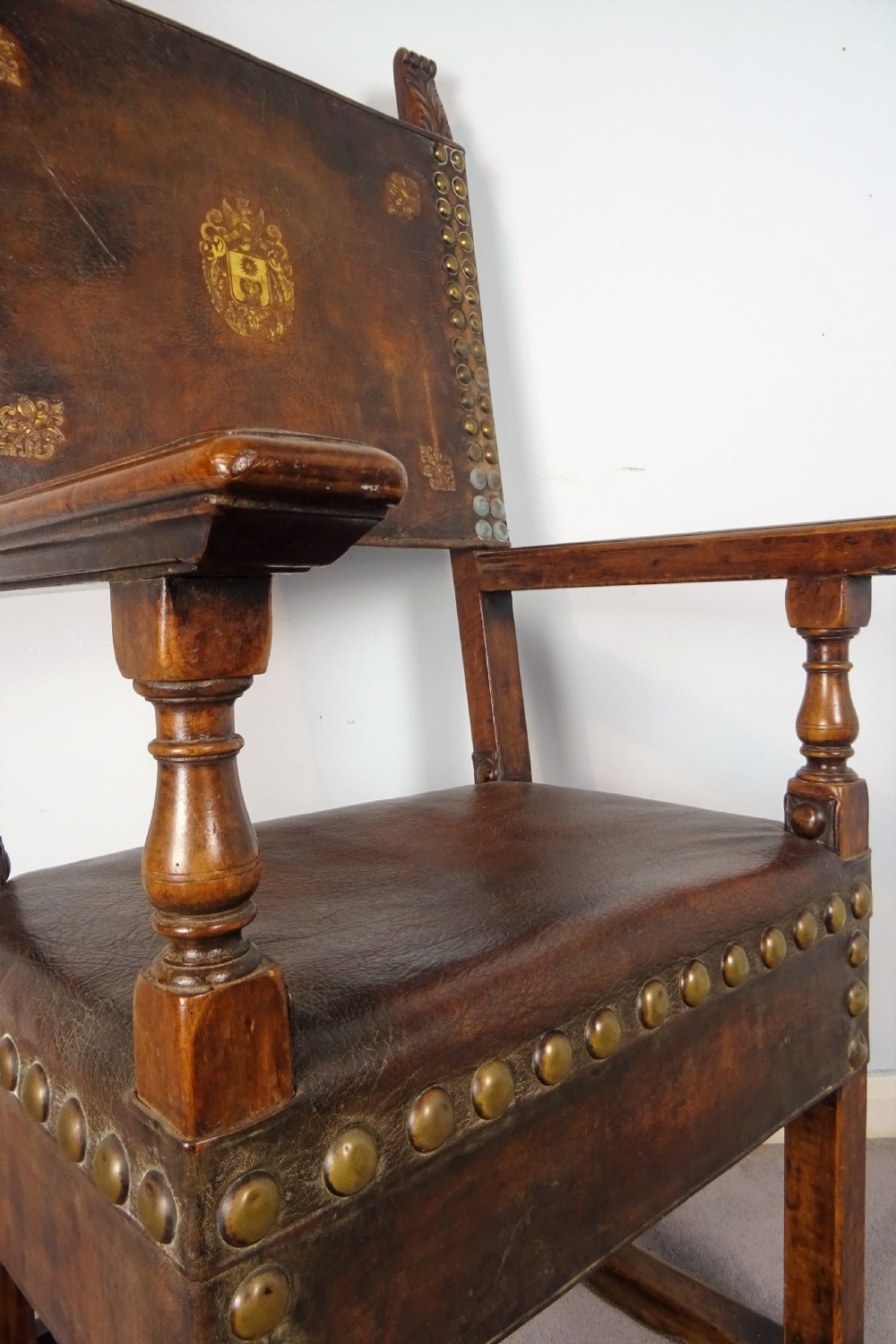 Italian Walnut and Leather Throne Armchair View IX