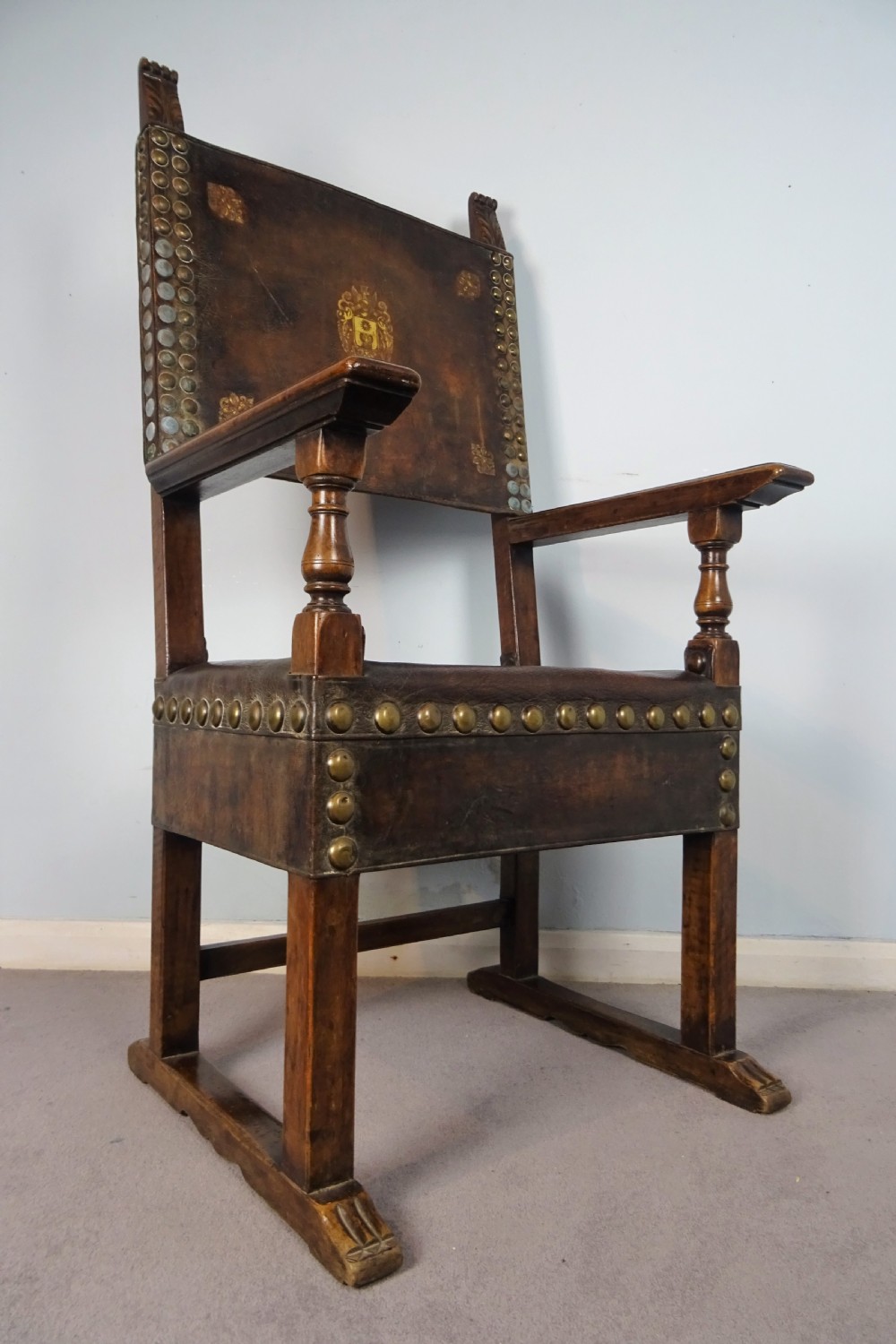 Italian Walnut and Leather Throne Armchair View X