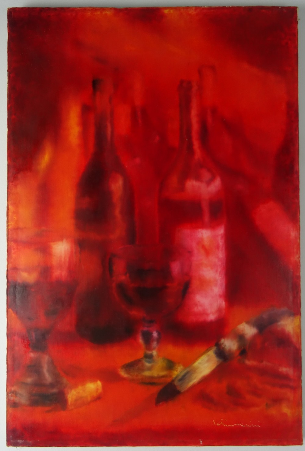 A vertical mid-century oil painting depicting wine bottles, stemmed glasses, and a corkscrew in rich shades of crimson and red.
