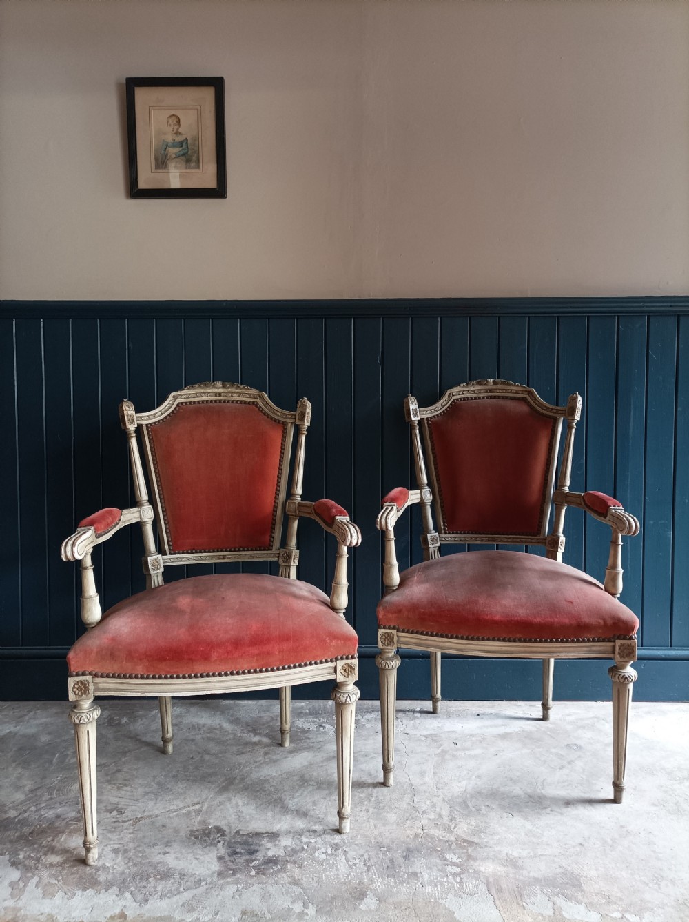 Pair of French Painted Bergère Dining Arm Chairs View VIII