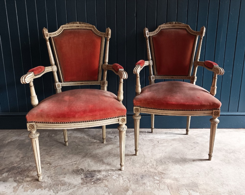 Pair of French Painted Bergère Dining Arm Chairs