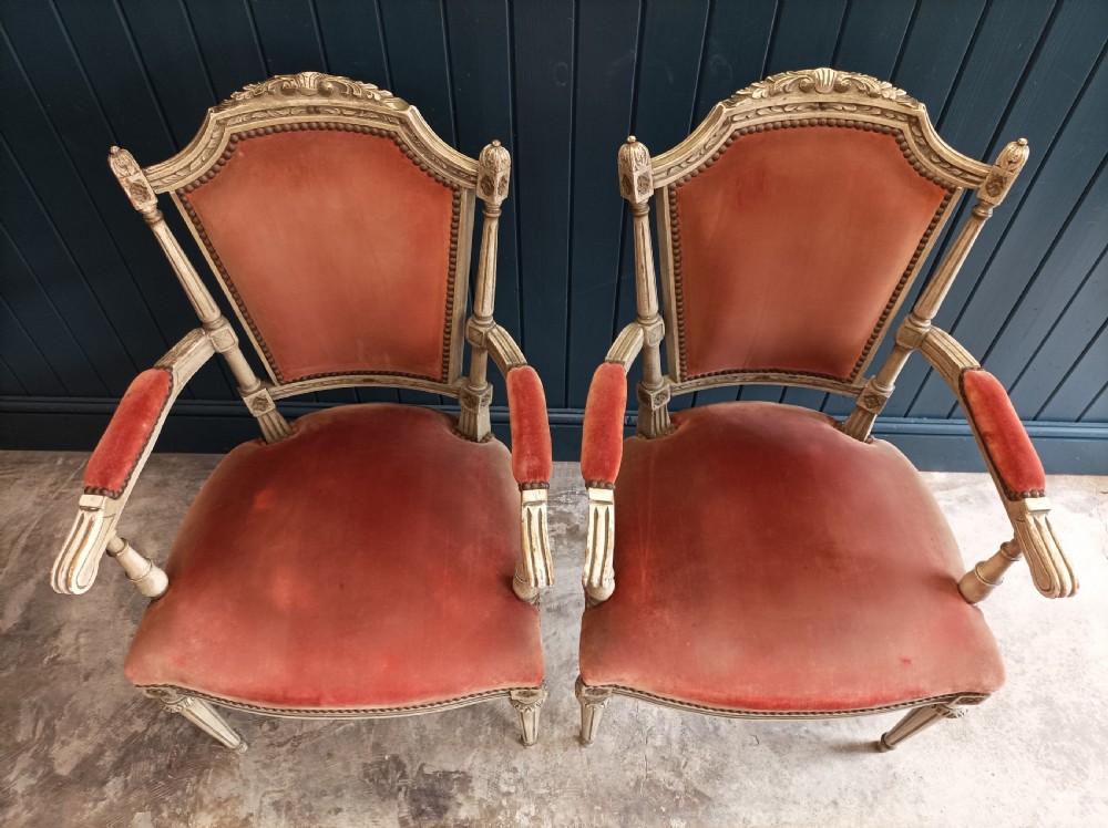 Pair of French Painted Bergère Dining Arm Chairs View IV