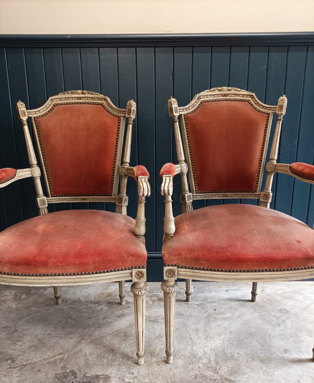 Pair of French Painted Bergère Dining Arm Chairs View X