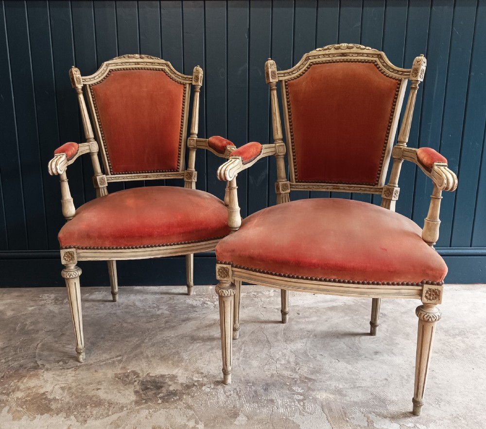 Pair of French Painted Bergère Dining Arm Chairs View IX