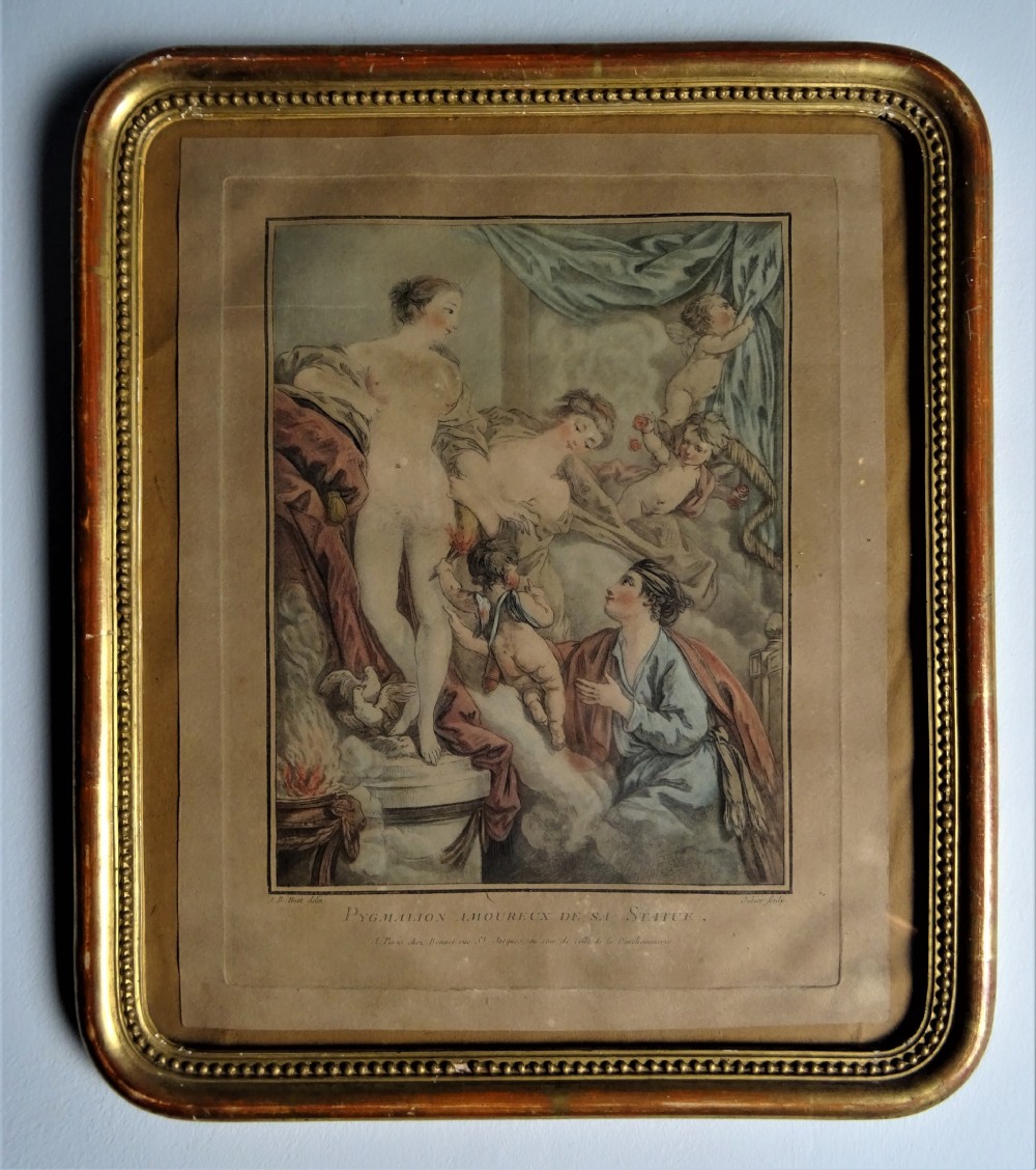 An antique gilt-framed print depicting the classical myth of Pygmalion and Galatea with French text along the bottom margin. View IV