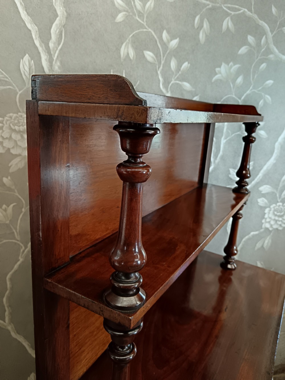 A Regency mahogany chiffonier featuring a two-tier open shelf superstructure above a two-door lower cabinet with arched panel doors and turned columns. View X