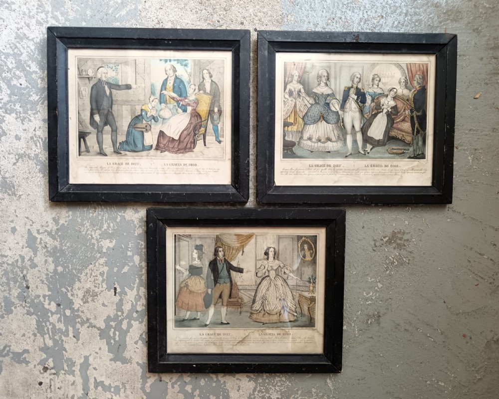 A set of three 19th-century hand-coloured lithographs depicting theatrical melodrama scenes, housed in dark wood frames.
