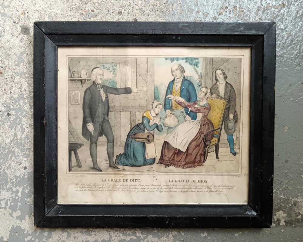 A set of three 19th-century hand-coloured lithographs depicting theatrical melodrama scenes, housed in dark wood frames. View III