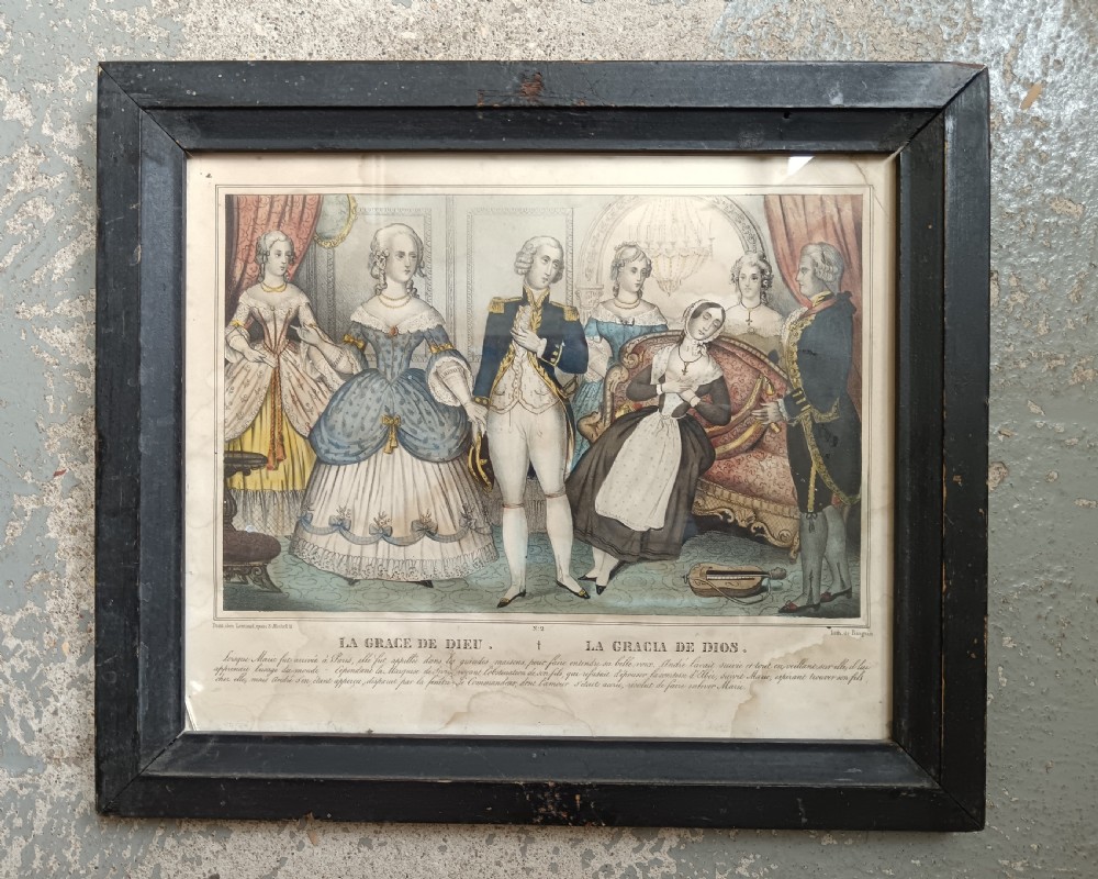 A set of three 19th-century hand-coloured lithographs depicting theatrical melodrama scenes, housed in dark wood frames. View II