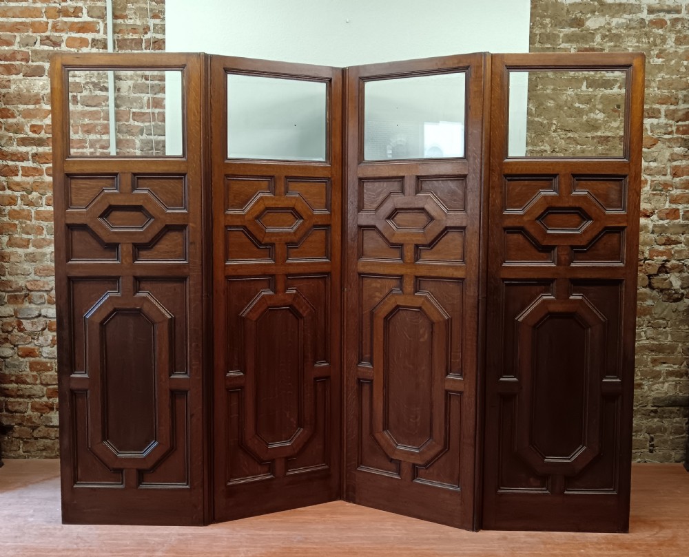 Four Panel Folding Oak and Glass Screen Room Divider