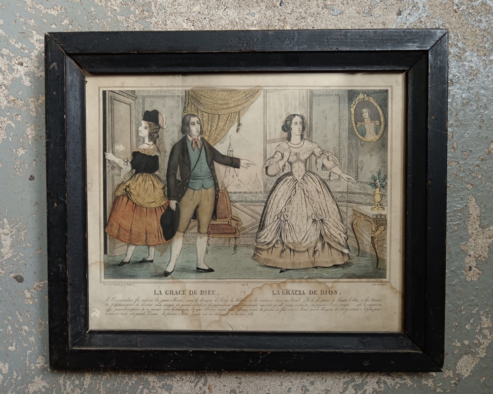 A set of three 19th-century hand-coloured lithographs depicting theatrical melodrama scenes, housed in dark wood frames. View V