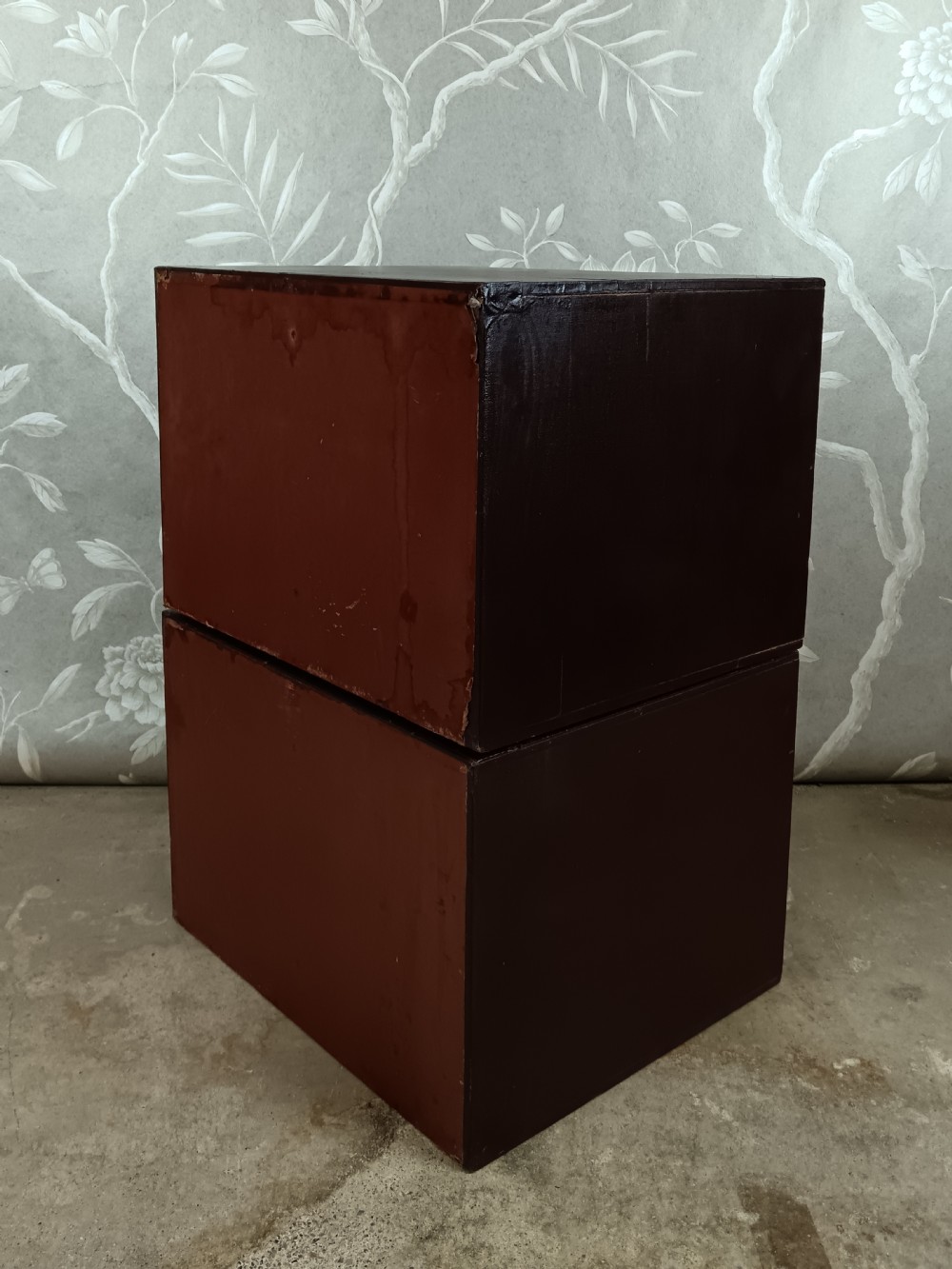 A dark brown modular card index filing cabinet featuring multiple drawers with copper handles and metal label holders. View V