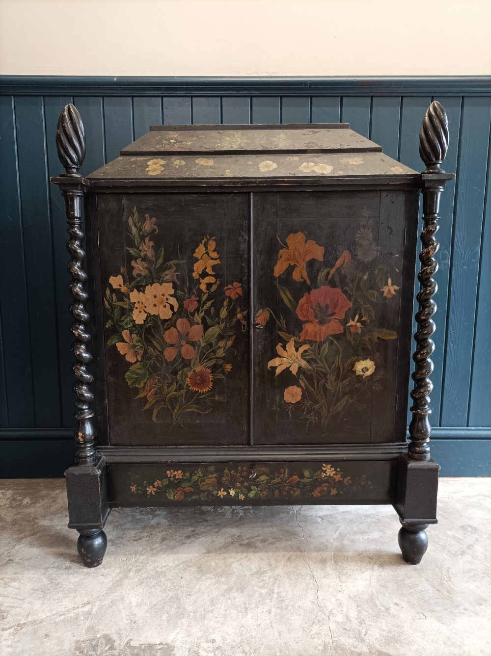 Victorian Floral Painted Cabinet Bookcase with Turned Columns View II